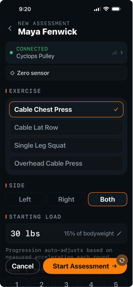 The AYA app's new assessment screen for Maya Fenwick's Cable Chest Press: exercise list, both-sides selection, a 30 lb starting load set at 15% of bodyweight, and a Start Assessment button